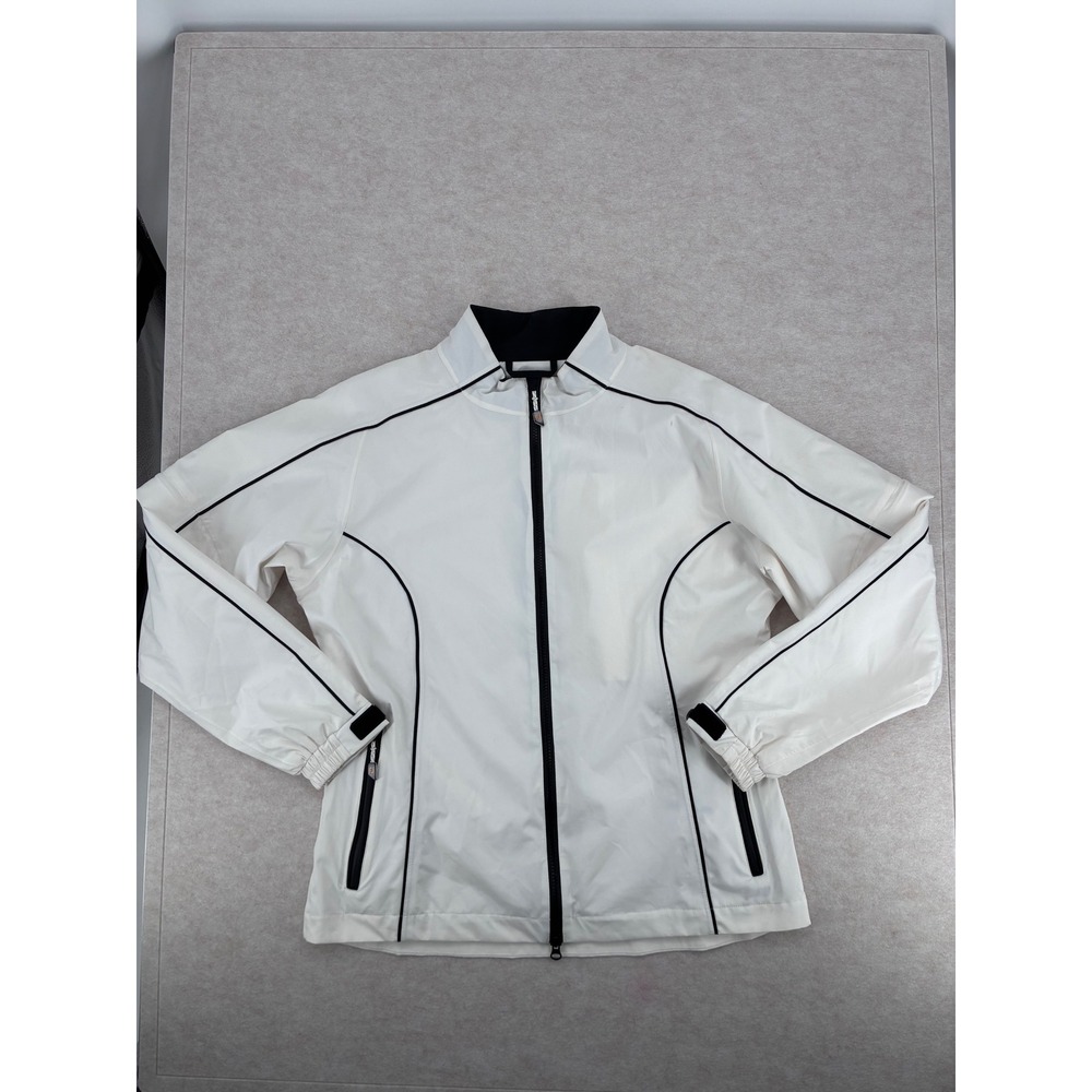 FootJoy DryJoys Womens Golf Jacket White Black Full Zip Mock Neck Medium FLAWS